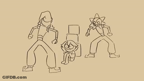Black And White Drawing Of Three Cartoon Characters GIF