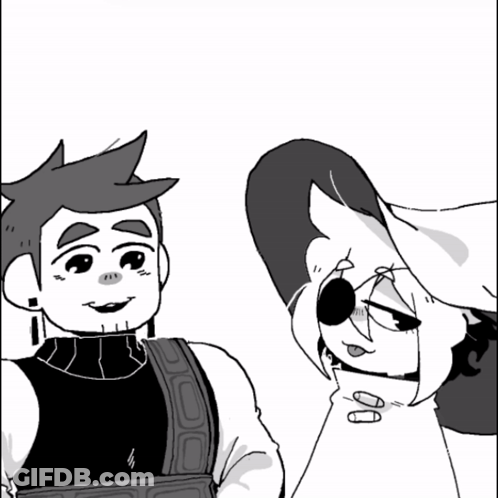 Black And White Drawing Of Two Cartoon Characters GIF