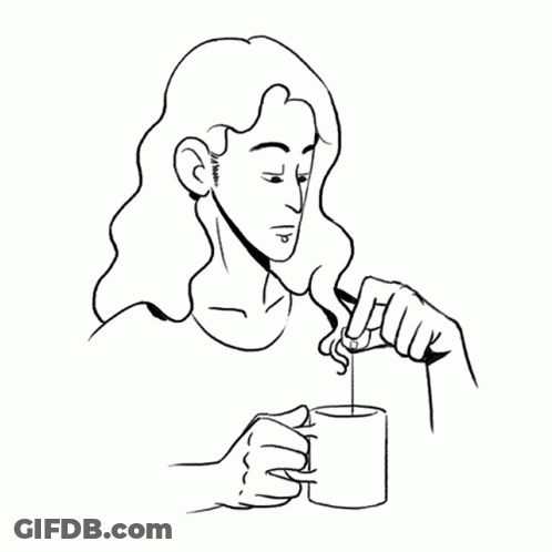 Black And White Drawing Of Woman Holding Coffee And Spoon GIF