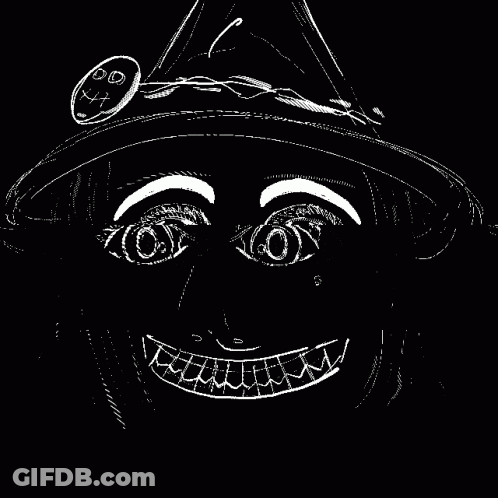 Black And White Drawing Of Woman In Witch Hat GIF
