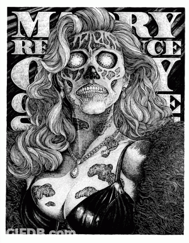 Black And White Drawing Of Woman With Skull Face Paint GIF