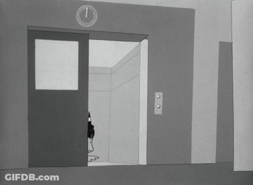 Black And White Duck Looking Out Elevator With Clock GIF