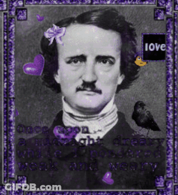 Black And White Edgar Allan Poe With Purple Hearts And Purple Frame GIF