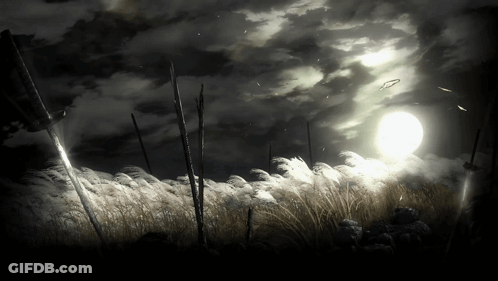 Black And White Field With Swords And Full Moon GIF