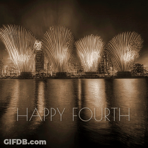 Black And White Fireworks Over Water Happy Fourth GIF