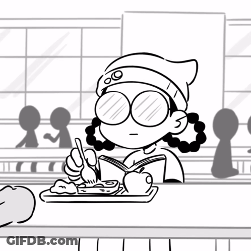 Black-And-White Girl Reading Book Eating Food GIF