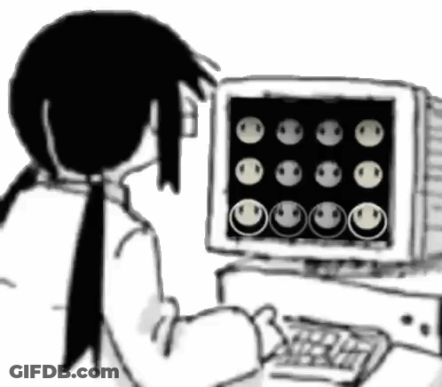 Black And White Girl Sitting At Computer With Smiley Faces GIF