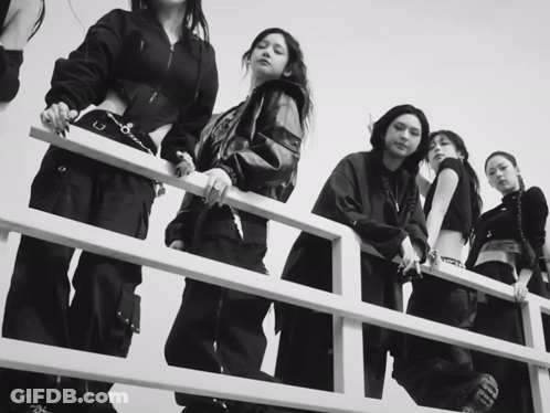 Black And White Group Of Women Standing On Fence GIF