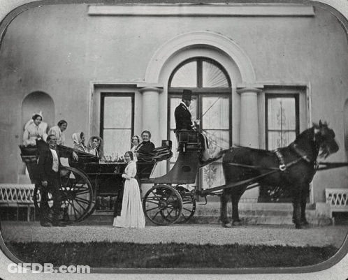 Black And White Horse Drawn Carriage With People GIF