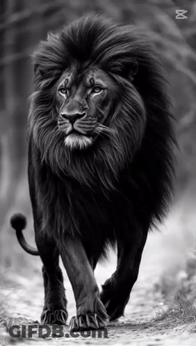Black And White Lion Walking Down Dirt Path GIF