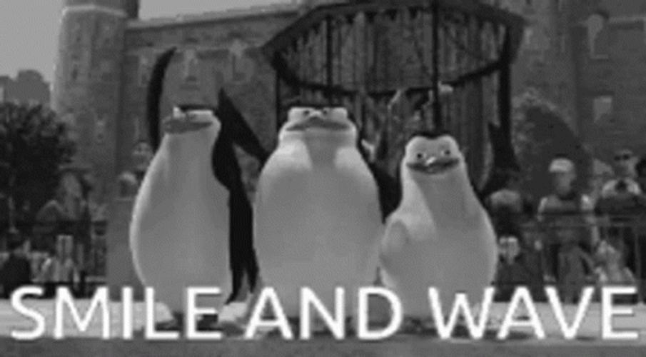 Black And White Madagascar Penguins Smile And Wave GIF