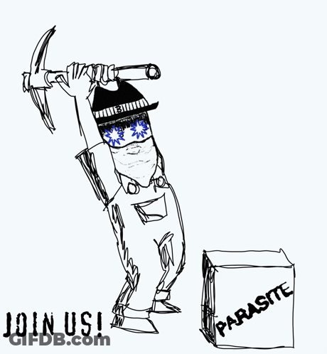 Black And White Man Holding Pickaxe And Parasite Box GIF