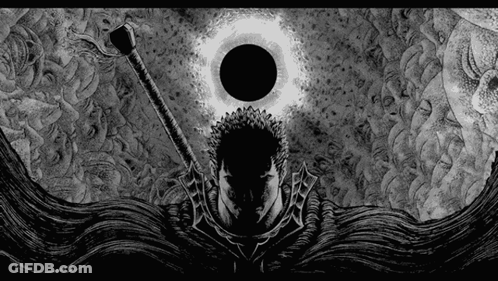 Black And White Man Holding Sword Before Black Hole GIF