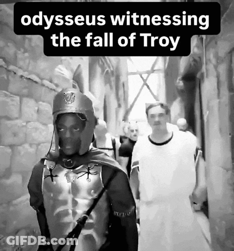 Black And White Man In Armor Odysseus Witnessing Fall Of Troy GIF