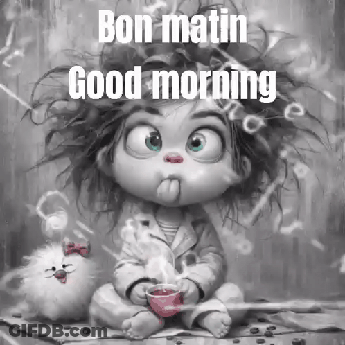 Black And White Painting Of Girl With Stuffed Animal Holding Coffee GIF