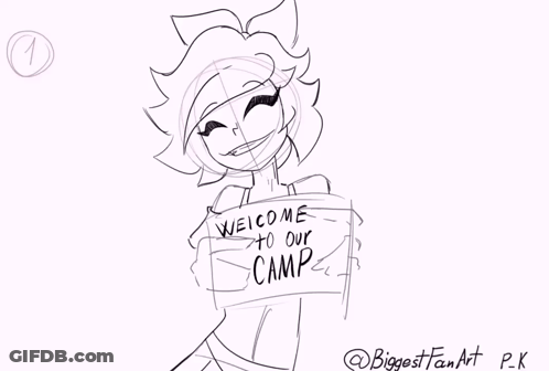 Black And White Person Holding Welcome To Our Camp Sign GIF