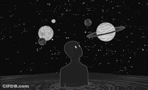 Black And White Person In Water Watching Planets GIF