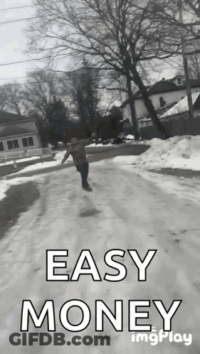 Black And White Person Walking Snowy Road Easy Money GIF