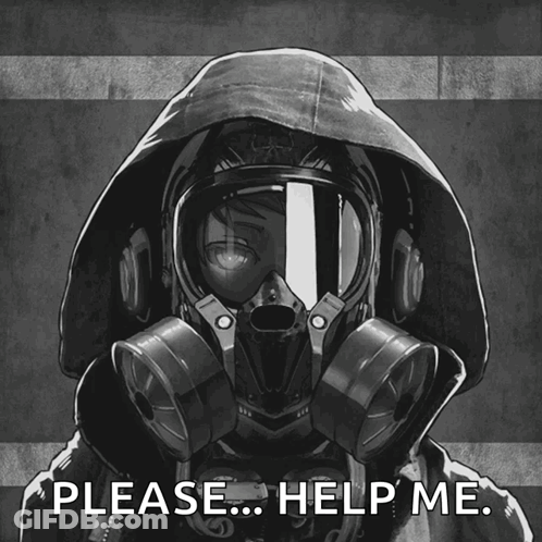 Black-And-White Person With Gas Mask Asking Help GIF
