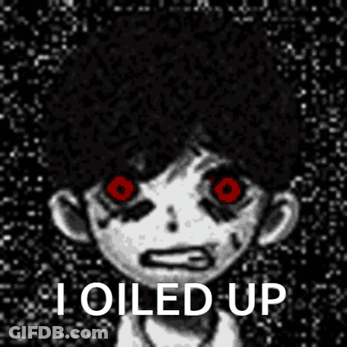 Black And White Person With Red Eyes Saying I Oiled Up GIF