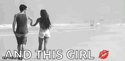 Black And White Photo Man And Woman Walking On Beach Saying And This Girl GIF