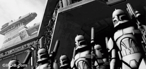 Black And White Photo Of Clone Troopers Holding Guns GIF