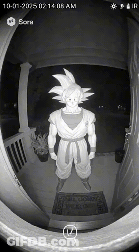Black And White Photo Of Goku Statue On Porch GIF