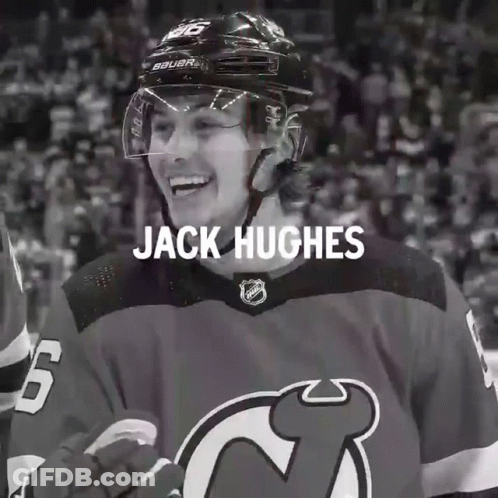 Black And White Photo Of Jack Hughes Hockey Player GIF