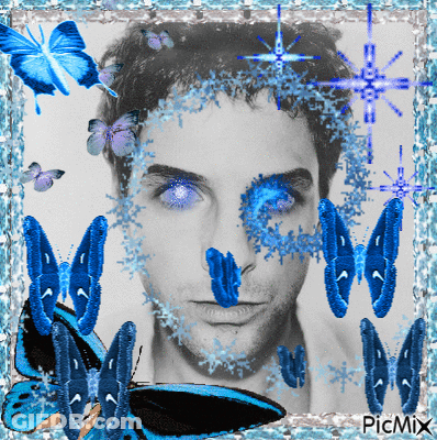 Black And White Photo Of Man With Blue Butterflies Picmix GIF