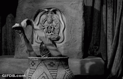 Black And White Photo Of Snake Statue In Pot GIF
