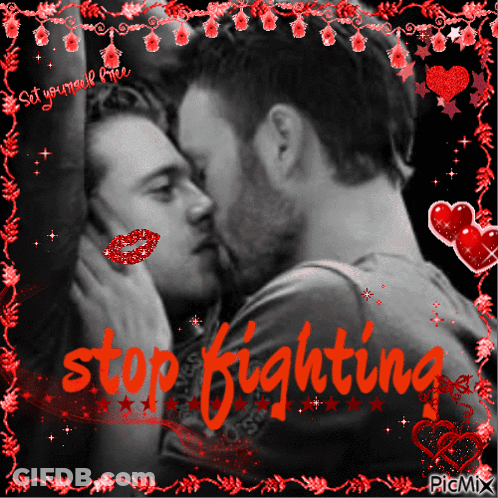 Black And White Photo Of Two Men Kissing Saying Stop Fighting GIF