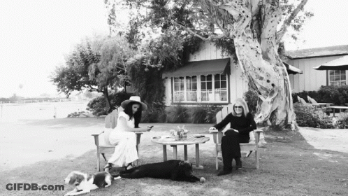 Black And White Photo Of Two Women With Dogs In Front Of A House GIF