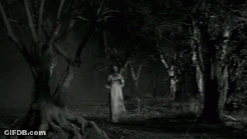 Black And White Photo Of Woman In White Dress In Dark Forest GIF
