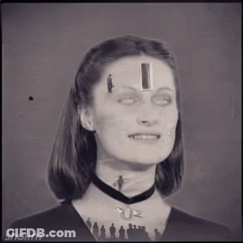 Black And White Photo Of Woman With Hole In Head And Group Behind Her GIF