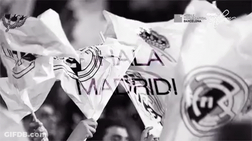 Black And White Photo People Holding Madrid Flags GIF