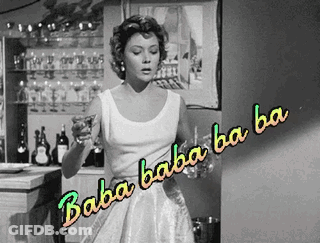 Black And White Photo Woman Holding Glass Saying Baba Baba Ba Ba GIF