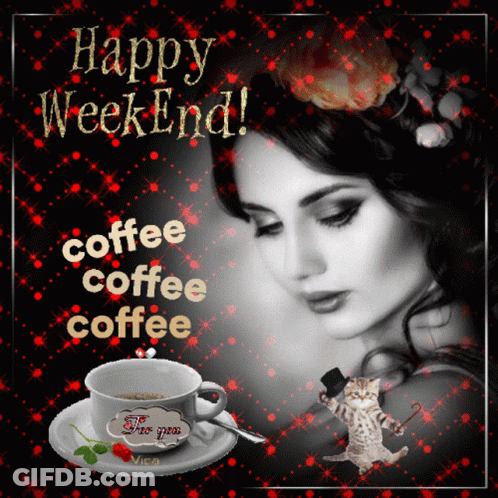 Black And White Photo Woman With Coffee Happy Weekend GIF