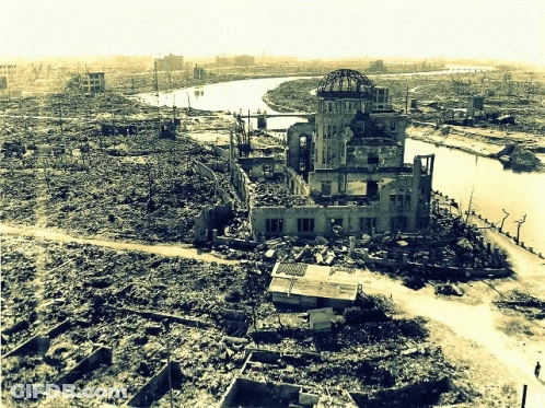 Black And White Ruined City With Dome GIF