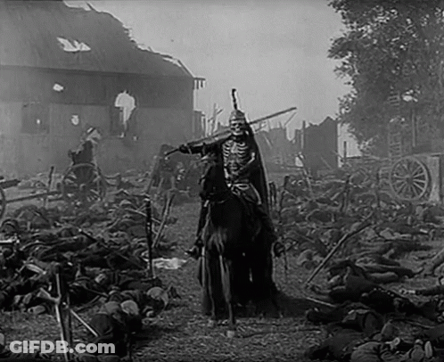 Black And White Skeleton On Horse In Field GIF