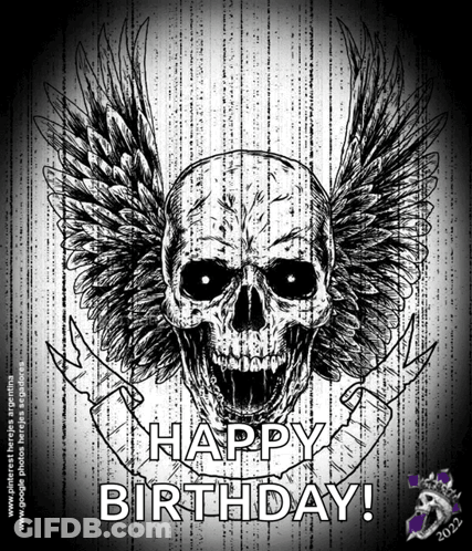 Black And White Skull With Wings Saying Happy Birthday GIF