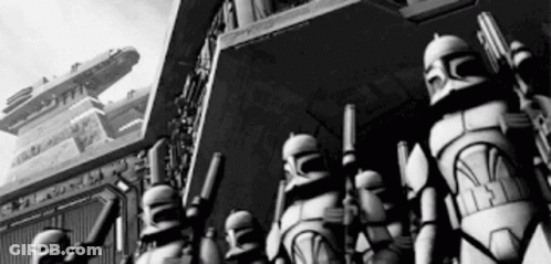 Black And White Star Wars Clone Troopers In Front Of Building GIF