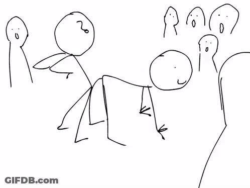 Black And White Stick Figures Standing Around Person GIF