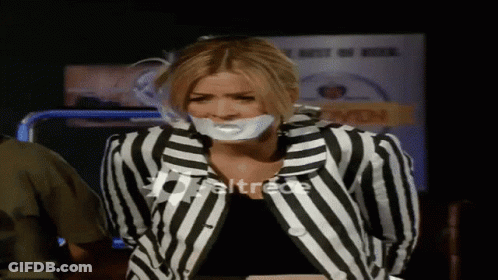 Black And White Striped Jacket Woman Taped Mouth GIF