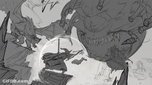 Black And White Witch Fighting Monster GIF