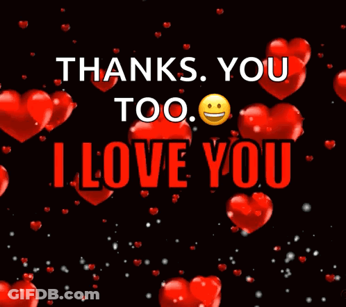 Black Background Red Hearts Thank You Too I Love You GIF