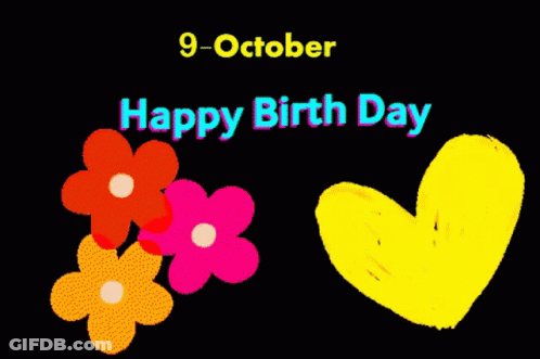 Black Background With Flowers And Heart Saying Happy Birthday GIF