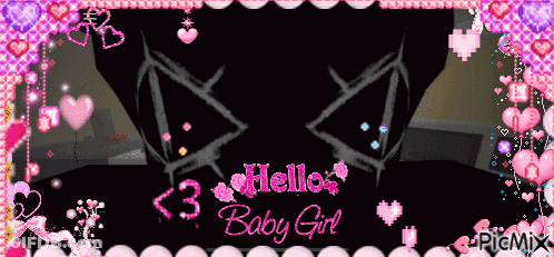 Black Background With Pink Hearts Saying Hello Baby Girl GIF
