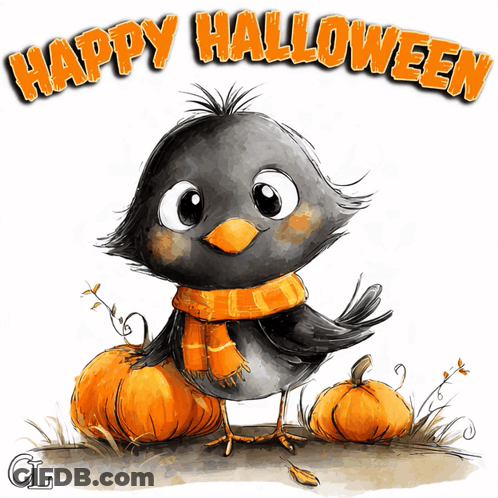 Black Bird In Orange Scarf Next To Pumpkins Happy Halloween GIF