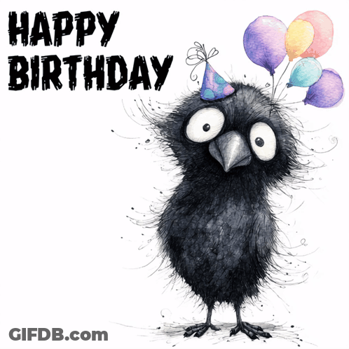 Black Bird In Party Hat Holding Balloons GIF