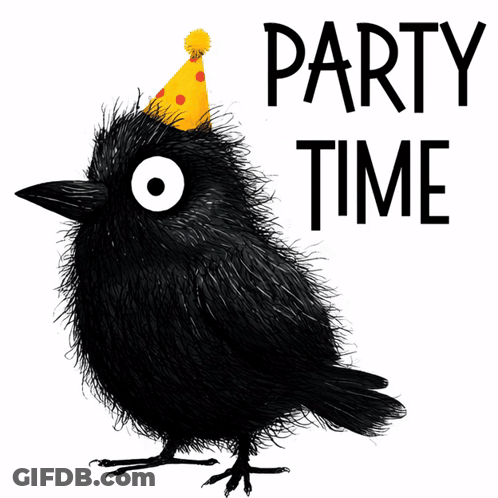 Black Bird Wearing Party Hat Saying Party Time GIF
